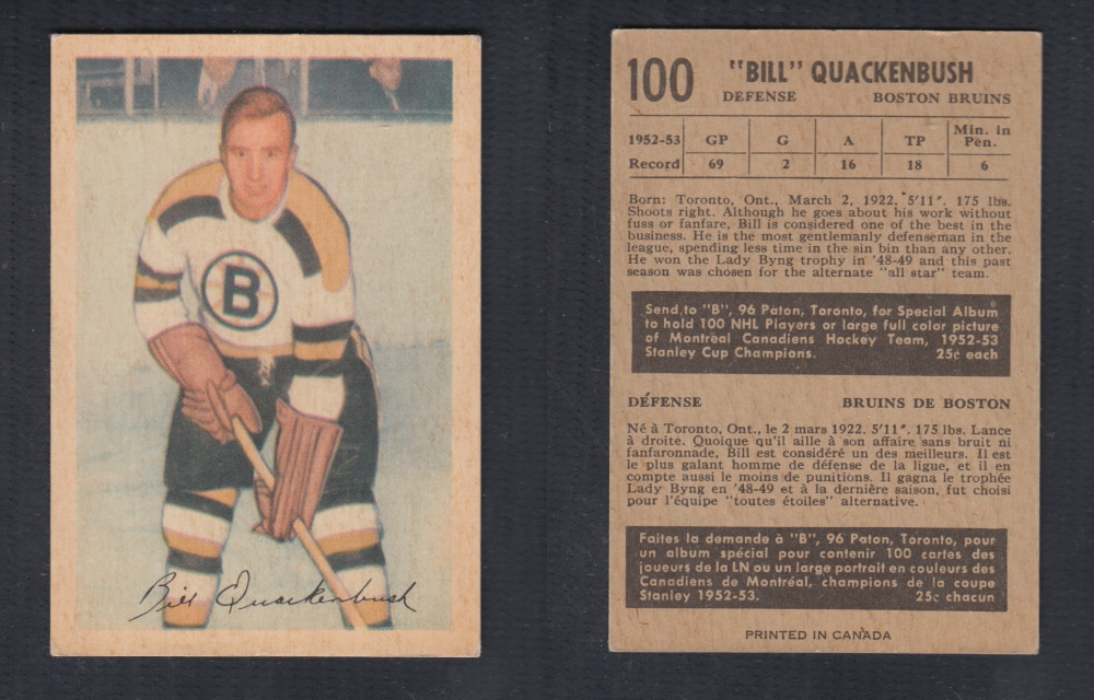 1953-54 PARKHURST HOCKEY CARD #100 B. QUACKENBUSH photo