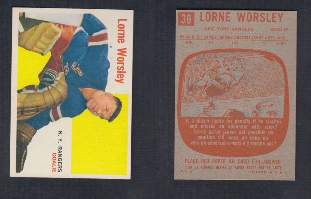 1960-61 TOPPS HOCKEY CARD #36 L. WORSLEY photo 1960-61 TOPPS HOCKEY CARD #36 L. WORSLEY photo