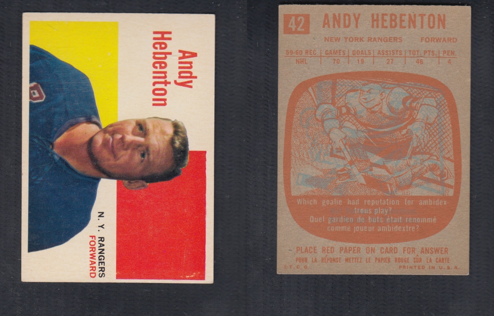 1960-61 TOPPS HOCKEY CARD #42 A. HEBENTON photo 1960-61 TOPPS HOCKEY CARD #42 A. HEBENTON photo