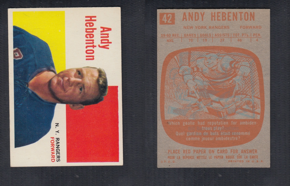 1960-61 TOPPS HOCKEY CARD #42 A. HEBENTON photo 1960-61 TOPPS HOCKEY CARD #42 A. HEBENTON photo