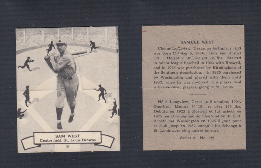 1937 O PEE-CHEE BASEBALL CARD #129 S. WEST  photo