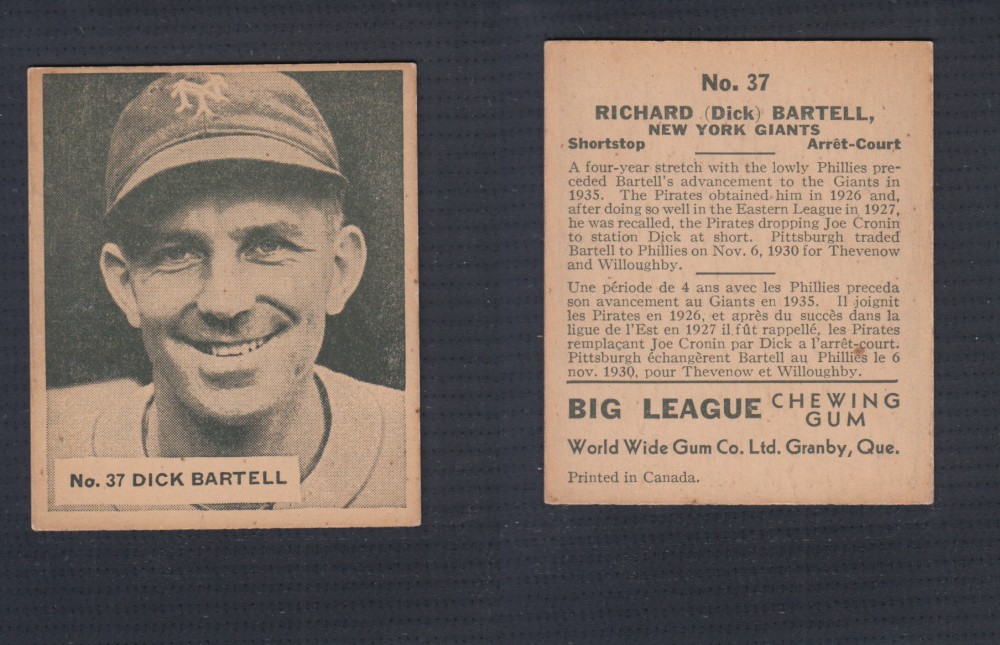 1936 WORLD WIDE GUM CANADIAN GOUDEY BASEBALL CARD # 37 D. BARTELL photo