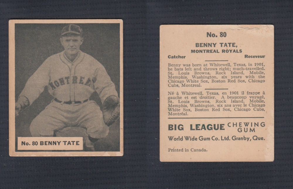 1936 WORLD WIDE GUM CANADIAN GOUDEY BASEBALL CARD # 80 B. TATE photo