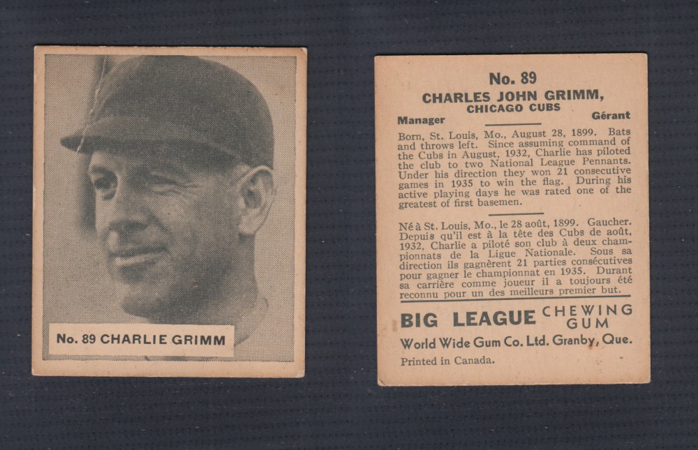 1936 WORLD WIDE GUM CANADIAN GOUDEY BASEBALL CARD # 89 C.GRIMM photo