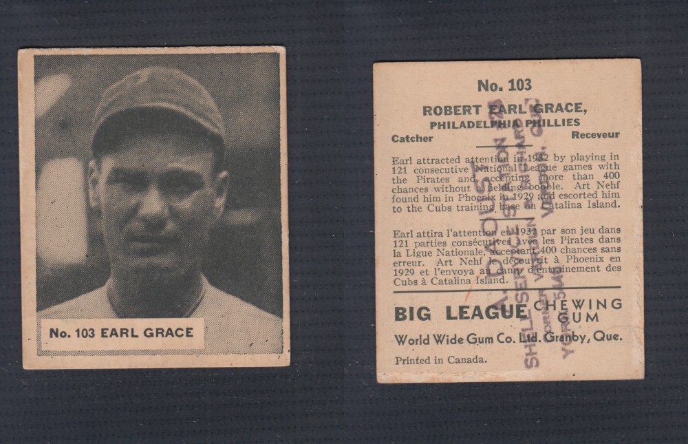 1936 WORLD WIDE GUM CANADIAN GOUDEY BASEBALL CARD # 103 E. GRACE photo
