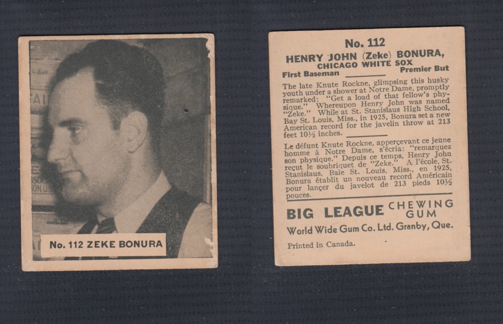 1936 WORLD WIDE GUM CANADIAN GOUDEY BASEBALL CARD # 112 Z. BONURA photo