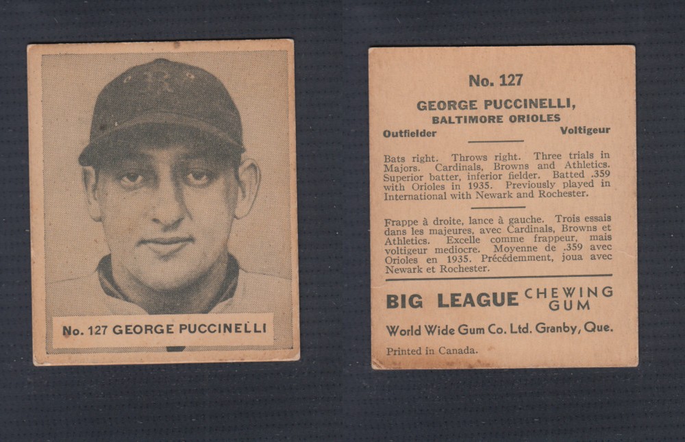 1936 WORLD WIDE GUM CANADIAN GOUDEY BASEBALL CARD # 127 G. PUCCINELLI photo