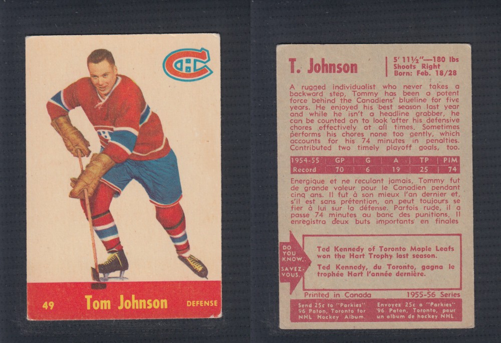1955-56 PARKHURST HOCKEY CARD #49 T. JOHNSON photo