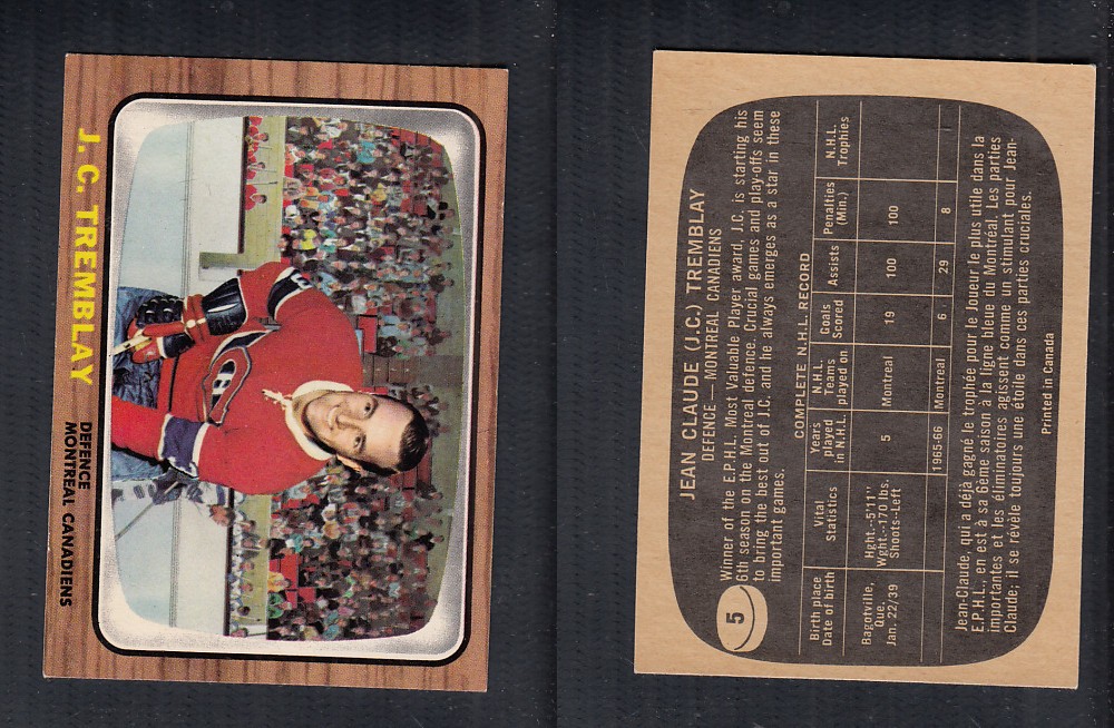 1966-67 TOPPS HOCKEY CARD #5 J.C. TREMBLAY photo 1966-67 TOPPS HOCKEY CARD #5 J.C. TREMBLAY photo