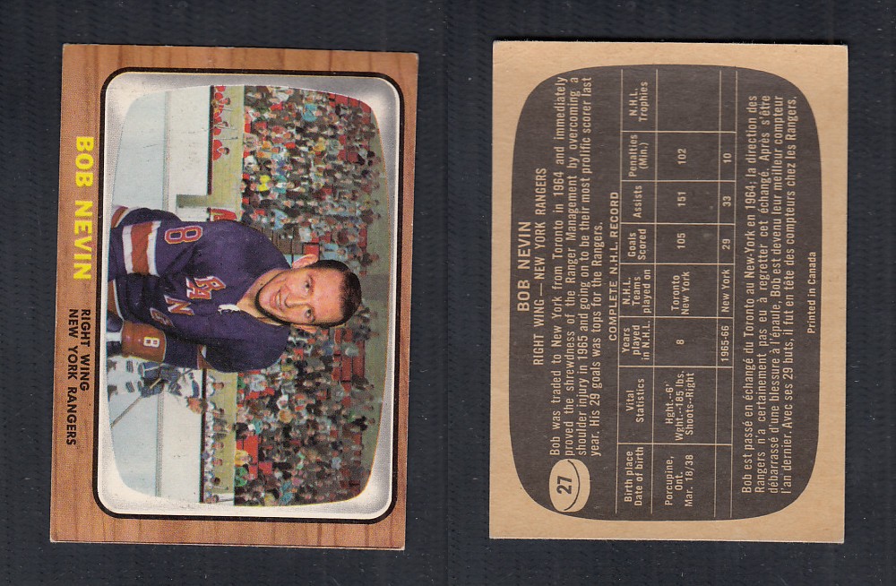 1966-67 TOPPS HOCKEY CARD #27 B. NEVIN photo 1966-67 TOPPS HOCKEY CARD #27 B. NEVIN photo