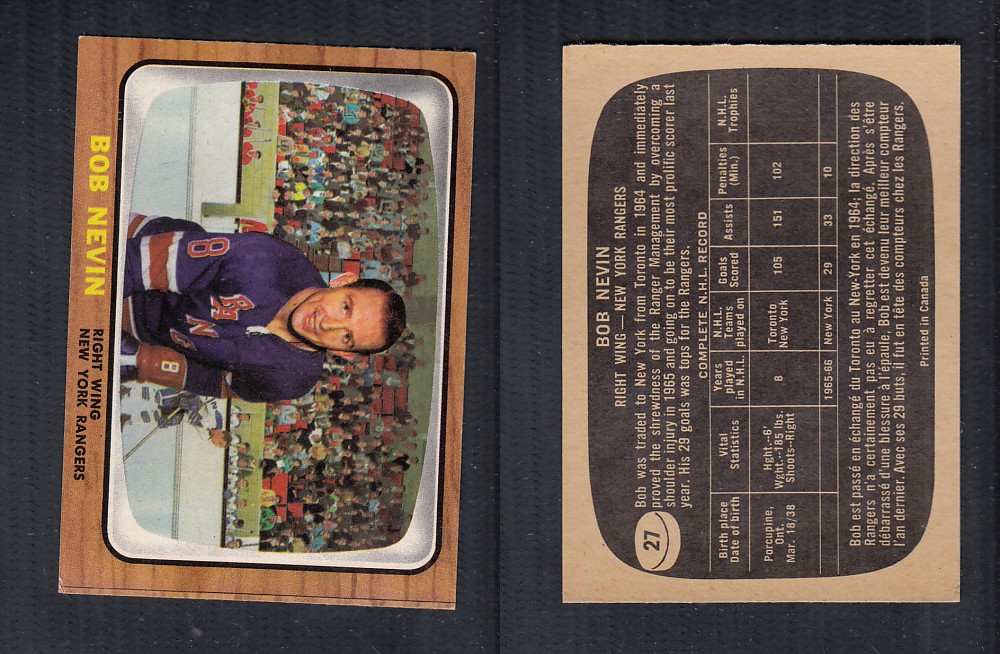 1966-67 TOPPS HOCKEY CARD #27 B. NEVIN photo 1966-67 TOPPS HOCKEY CARD #27 B. NEVIN photo