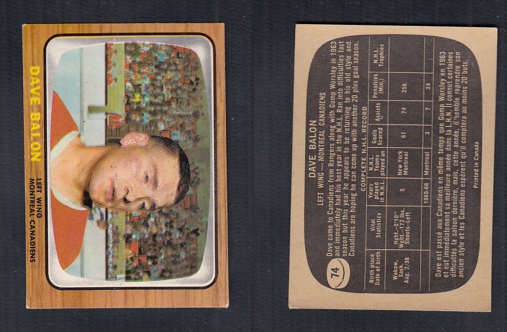 1966-67 TOPPS HOCKEY CARD #74 D. BALON photo 1966-67 TOPPS HOCKEY CARD #74 D. BALON photo