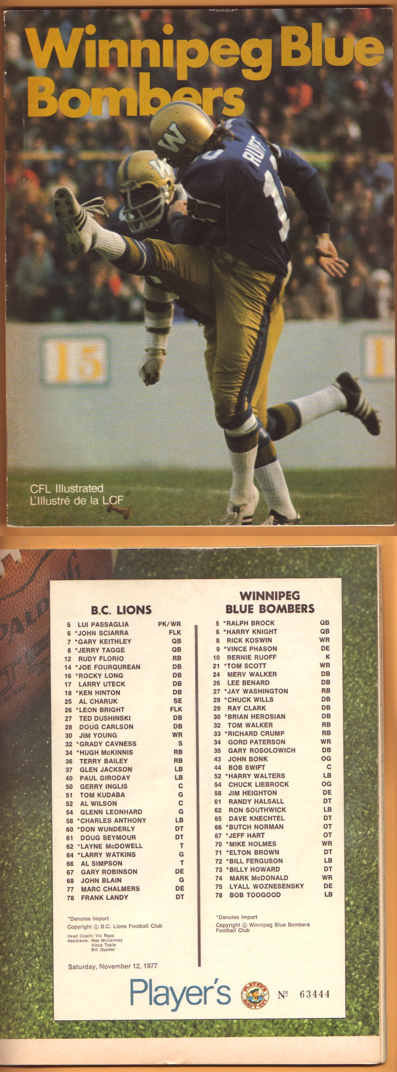 1977 CFL WINNIPEG BLUE BOMBERS VS B.C. LIONS PROGRAM photo