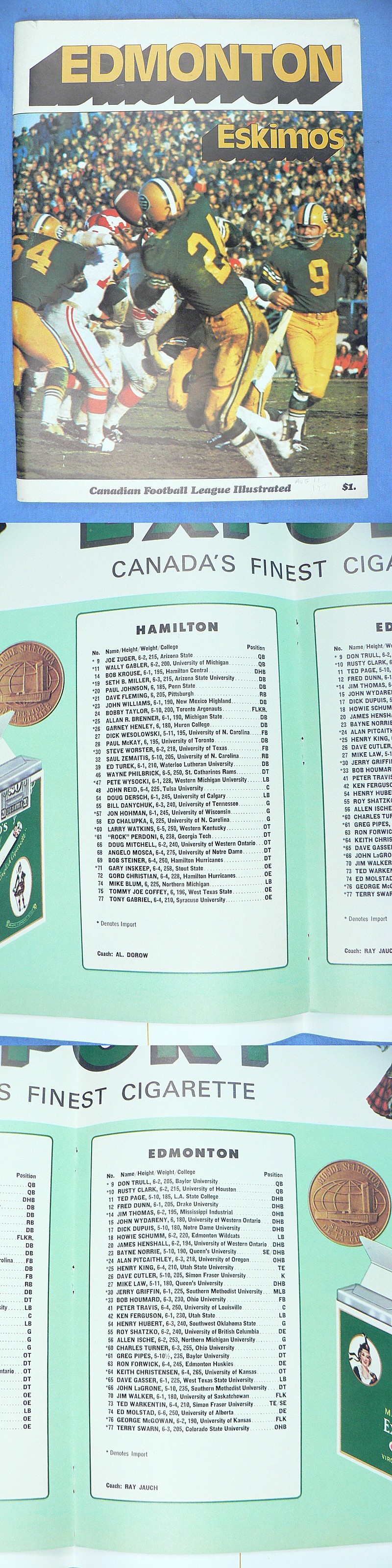 1971 HAMILTON TIGER CATS VS EDMONTON ESKIMOS PROGRAM photo