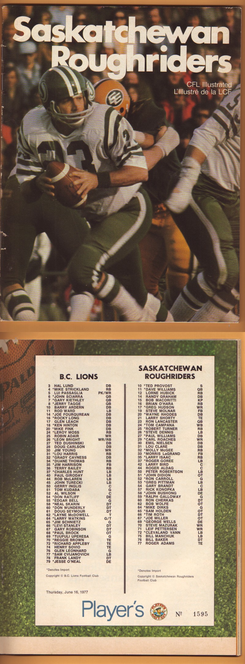 1977 CFL SASKATCHEWAN ROUGHRIDERS VS B.C. LIONS PROGRAM photo