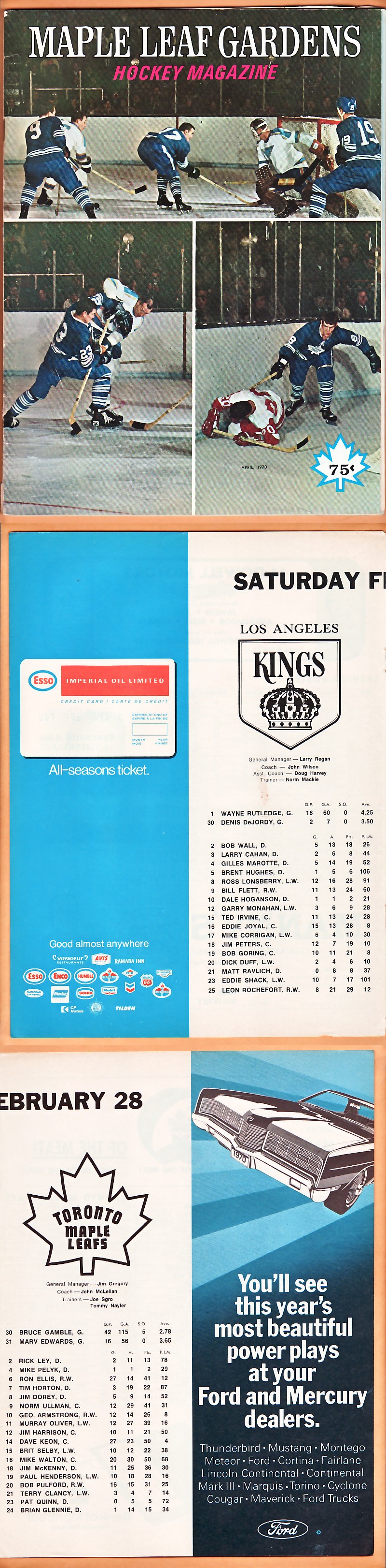 1970 TORONTO MAPLE LEAFS VS LOS ANGELES KINGS PROGRAM photo 1970 TORONTO MAPLE LEAFS VS LOS ANGELES KINGS PROGRAM photo