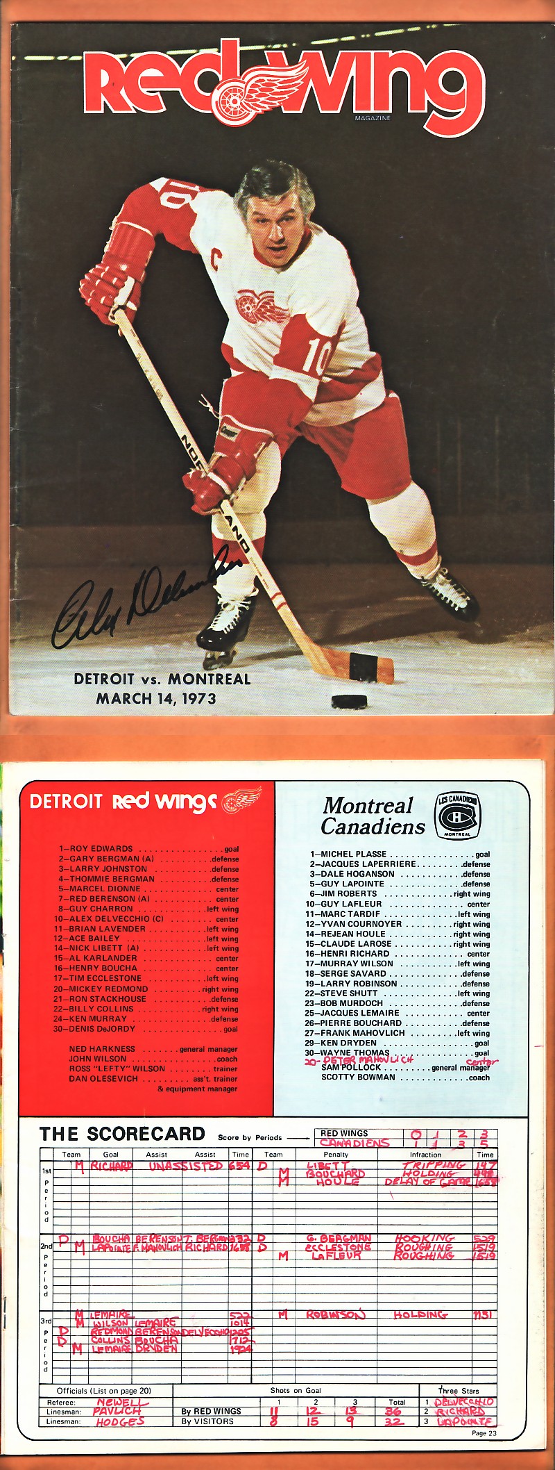 1973 DETROIT RED WINGS VS MONTREAL CANADIENS PROGRAM photo 1973 DETROIT RED WINGS VS MONTREAL CANADIENS PROGRAM photo