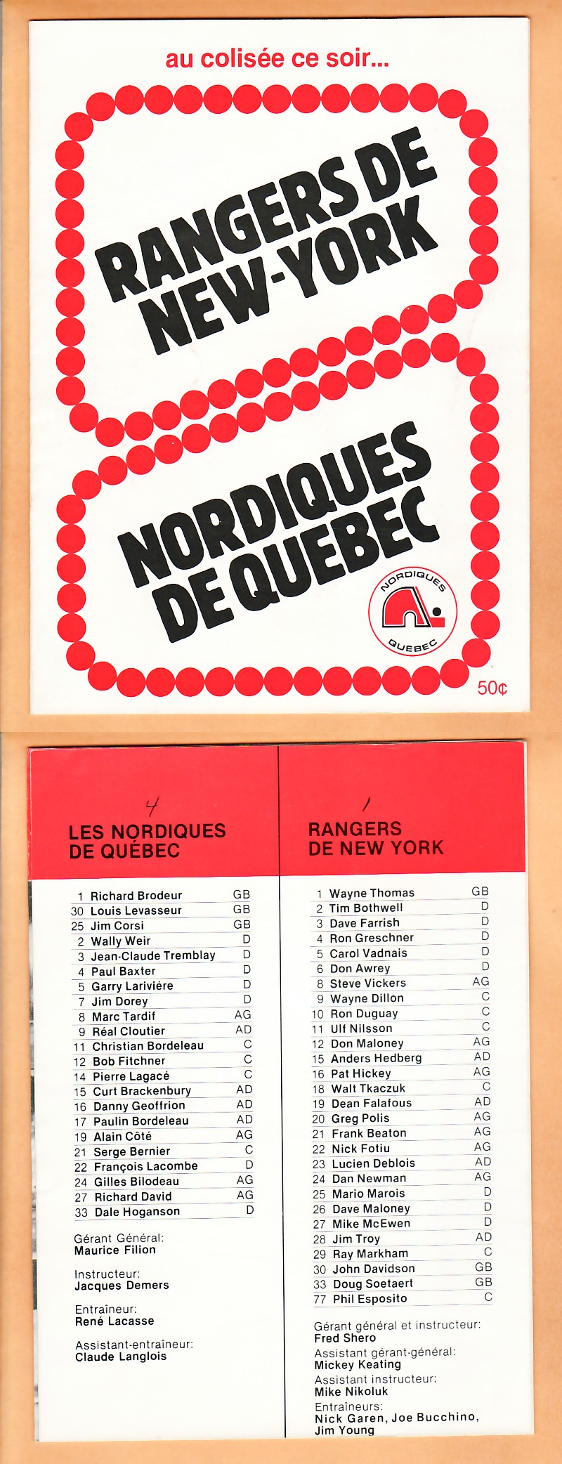 1970'S QUEBEC NORDIQUES VS NEW YORK RANGERS PROGRAM photo