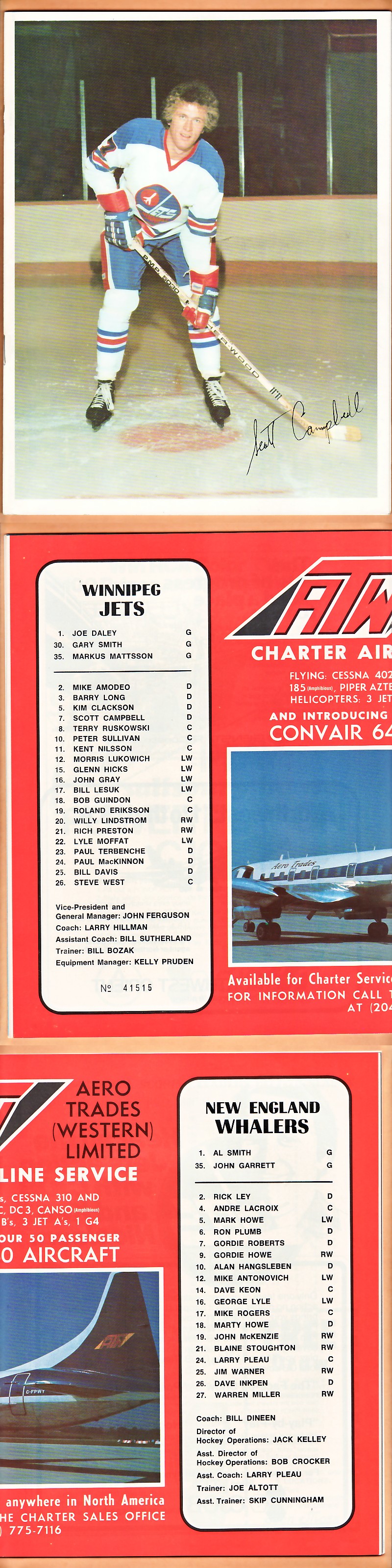 1979 WHA WINNIPEG JETS VS NEW ENGLAND WHALERS PROGRAM photo 1979 WHA WINNIPEG JETS VS NEW ENGLAND WHALERS PROGRAM photo