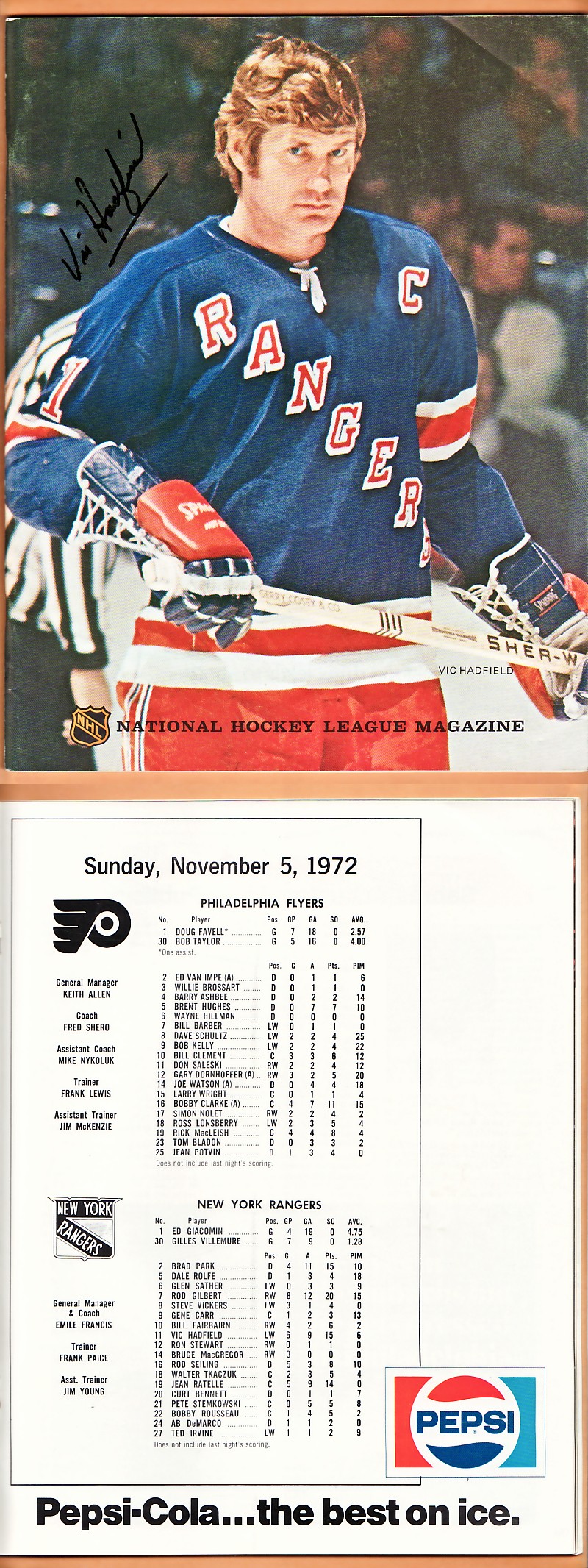 1972 PHILADELPHIA FLYERS VS NEW YORK RANGERS PROGRAM photo