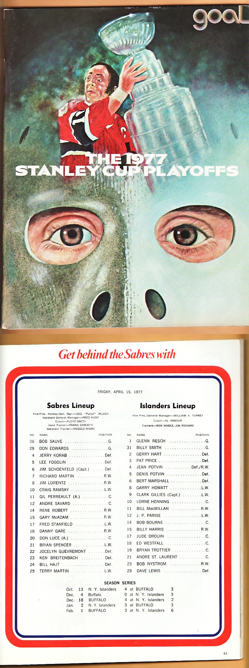 1977 BUFFALO SABRES VS NEW YORK ISLANDERS PLAYOFFS PROGRAM photo 1977 BUFFALO SABRES VS NEW YORK ISLANDERS PLAYOFFS PROGRAM photo