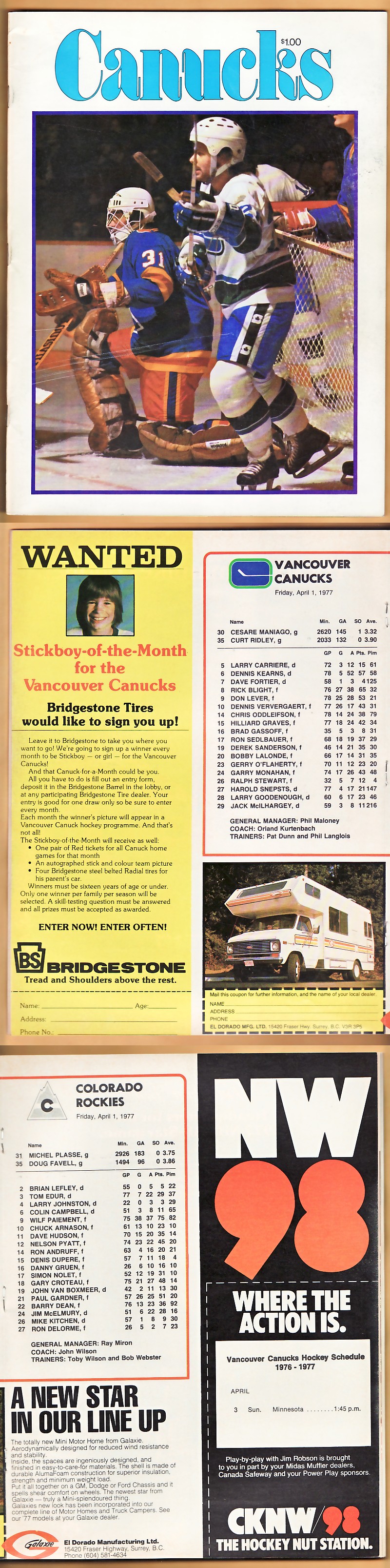 1977 VANCOUVER CANUCKS VS COLORADO ROCKIES PROGRAM photo 1977 VANCOUVER CANUCKS VS COLORADO ROCKIES PROGRAM photo