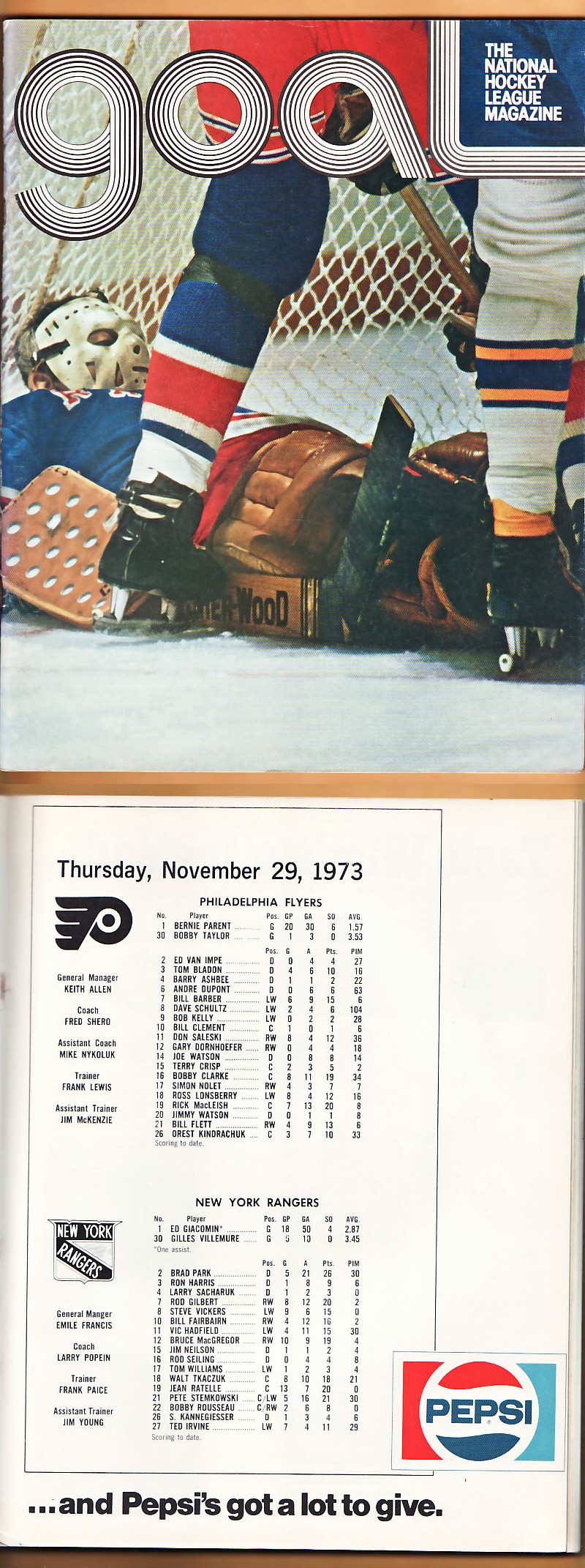 1973 PHILADELPHIA FLYERS VS NEW YORK RANGERS PROGRAM photo 1973 PHILADELPHIA FLYERS VS NEW YORK RANGERS PROGRAM photo