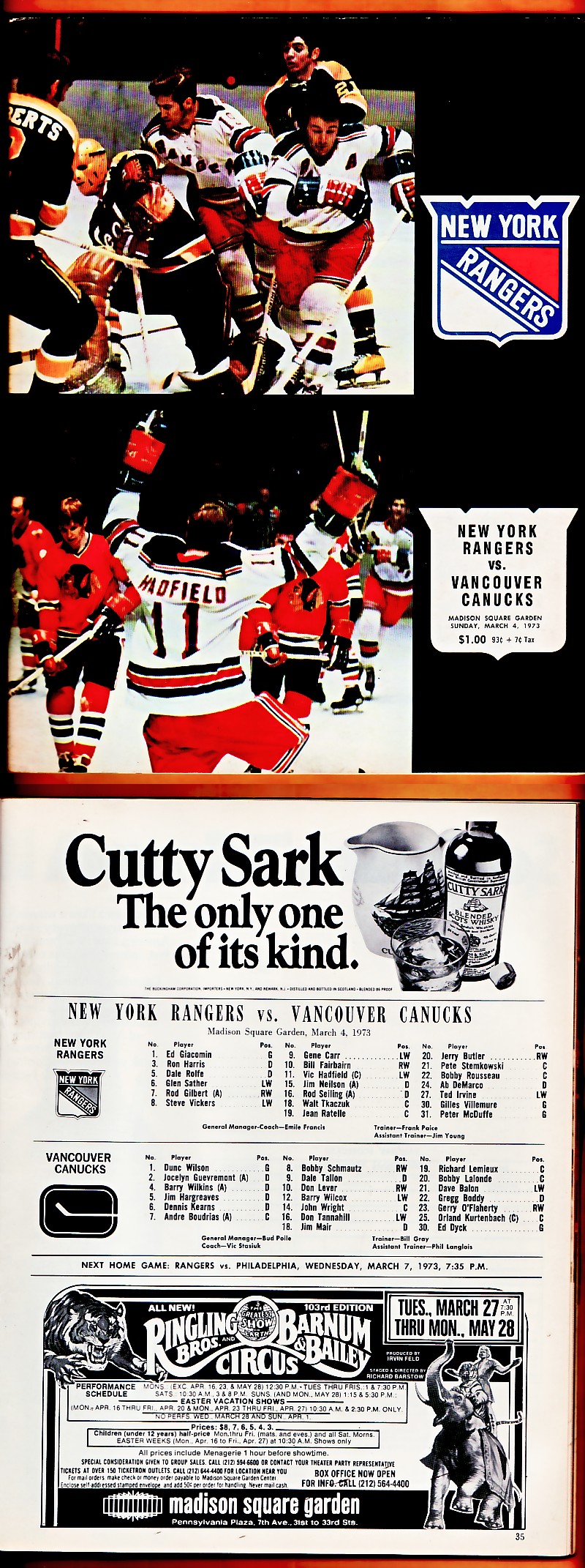 1973 NEW YORK RANGERS VS VANCOUVER CANUCKS PROGRAM photo