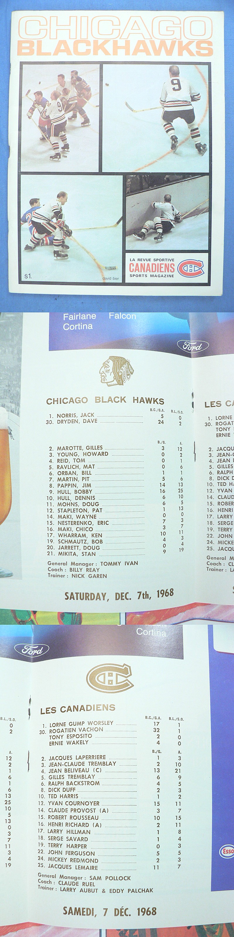 1968-69 CHICAGO BLACKHAWKS VS MONTREAL CANADIENS PROGRAM photo 1968-69 CHICAGO BLACKHAWKS VS MONTREAL CANADIENS PROGRAM photo