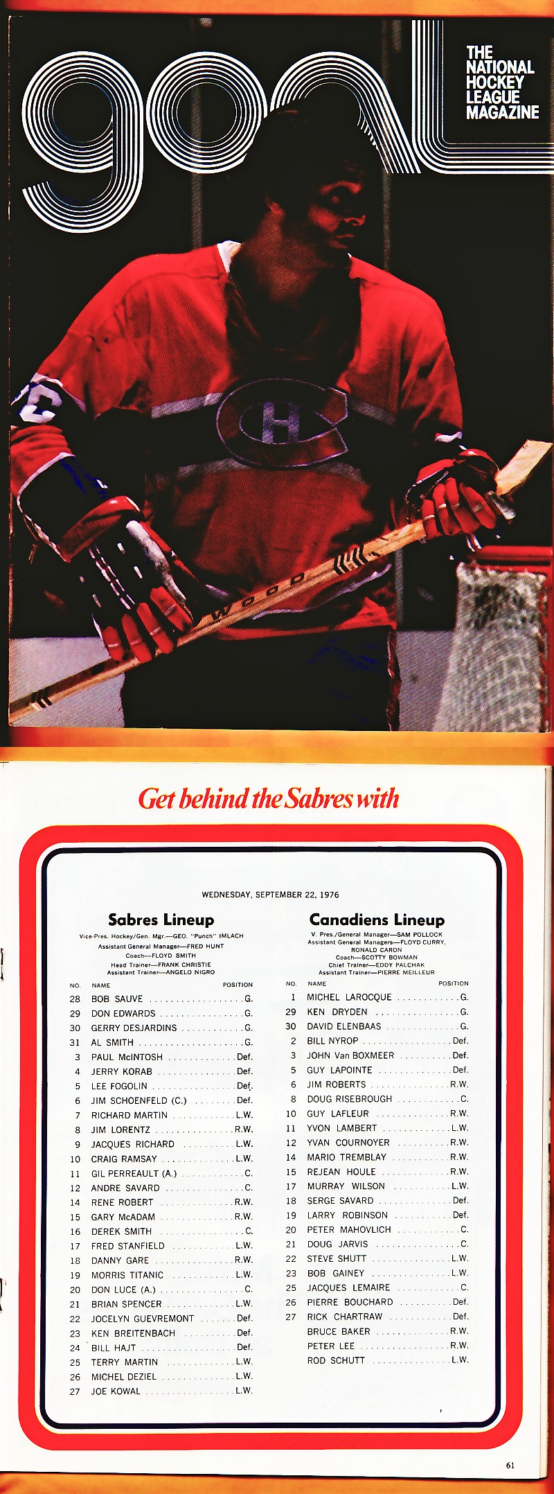 1976 BUFFALO SABRES VS MONTREAL CANADIENS PROGRAM photo