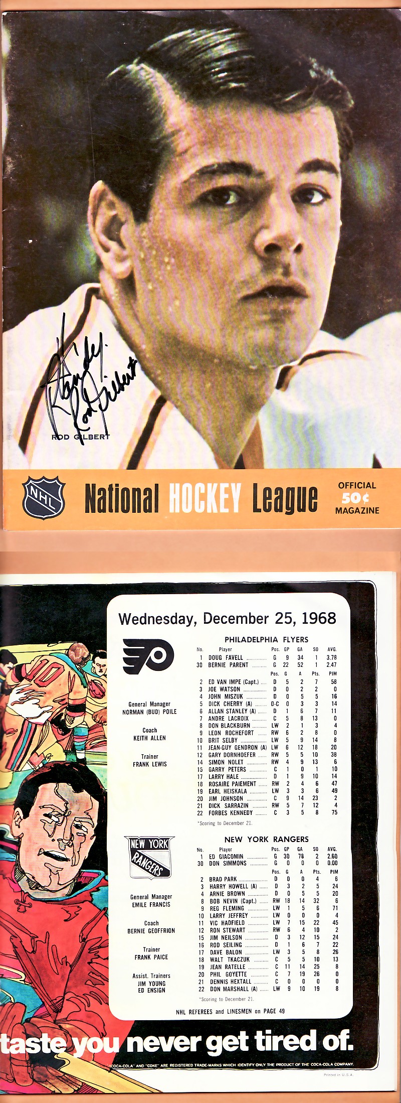 1968 PHILADELPHIA FLYERS VS NEW YORK RANGERS PROGRAM photo