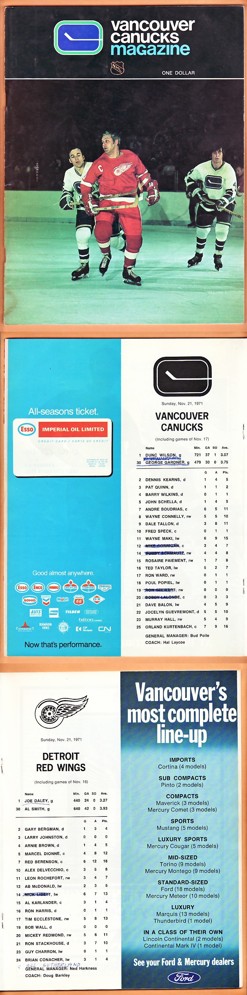 1971 DETROIT RED WINGS VS VANCOUVER CANUCKS PROGRAM photo 1971 DETROIT RED WINGS VS VANCOUVER CANUCKS PROGRAM photo