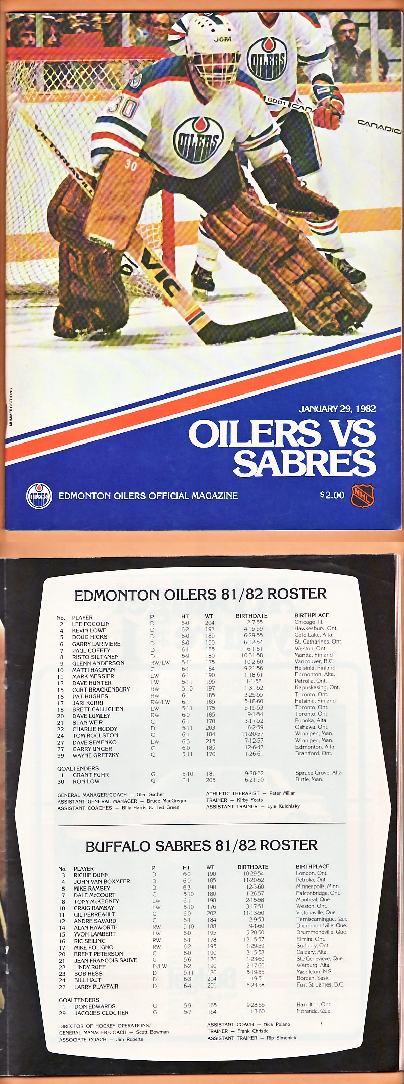 1982 EDMONTON OILERS VS BUFFALO SABRES PROGRAM photo