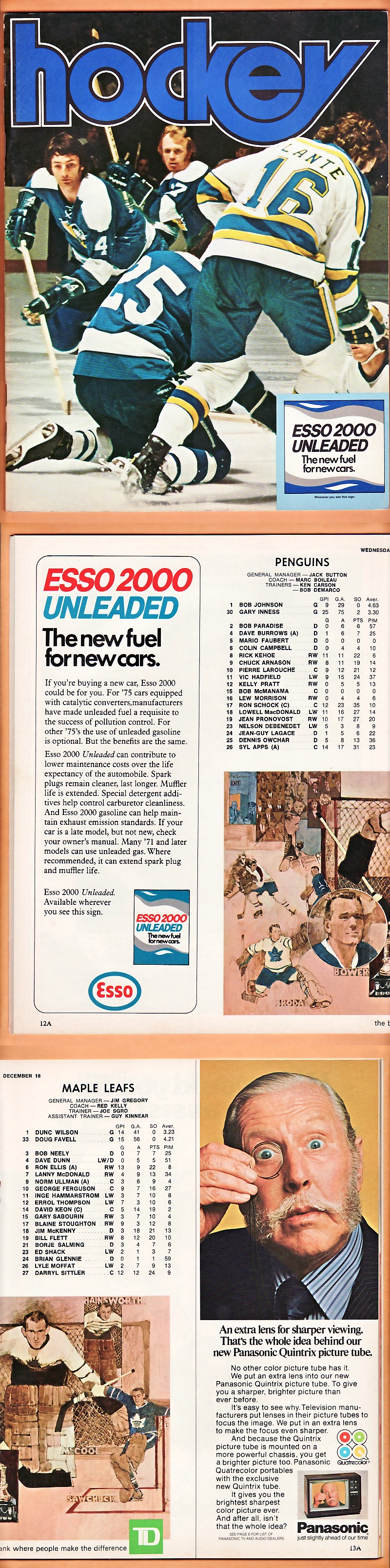 1974 TORONTO MAPLE LEAFS VS PITTSBURGH PENGUINS PROGRAM photo