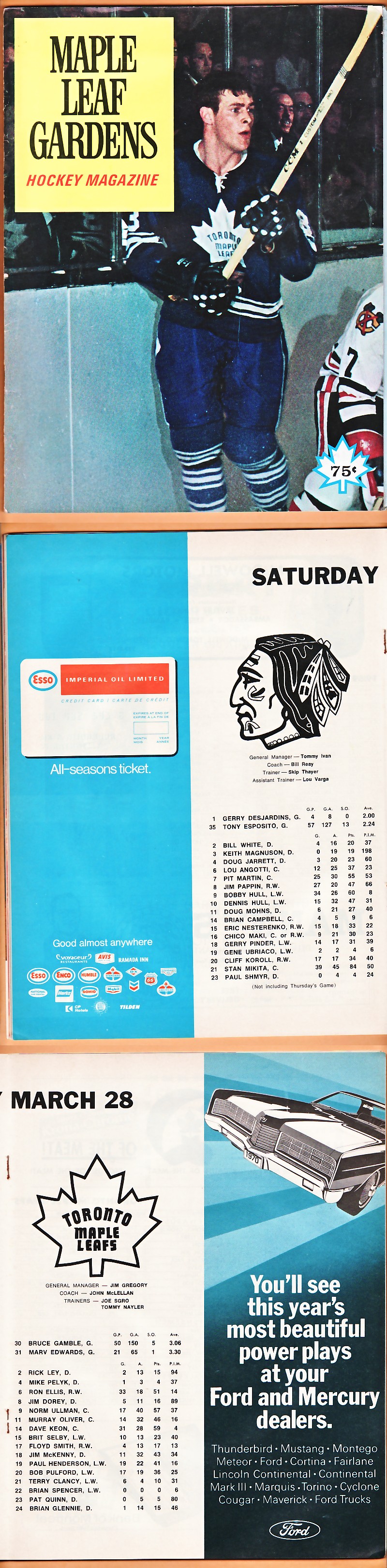 1970 TORONTO MAPLE LEAFS VS CHICAGO BLACKHAWKS PROGRAM photo